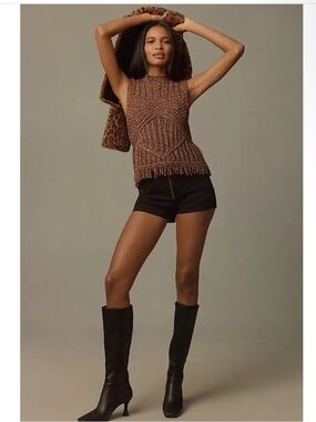 Pilcro Metallic Fringe Sleeveless Sweater Brown Size Medium